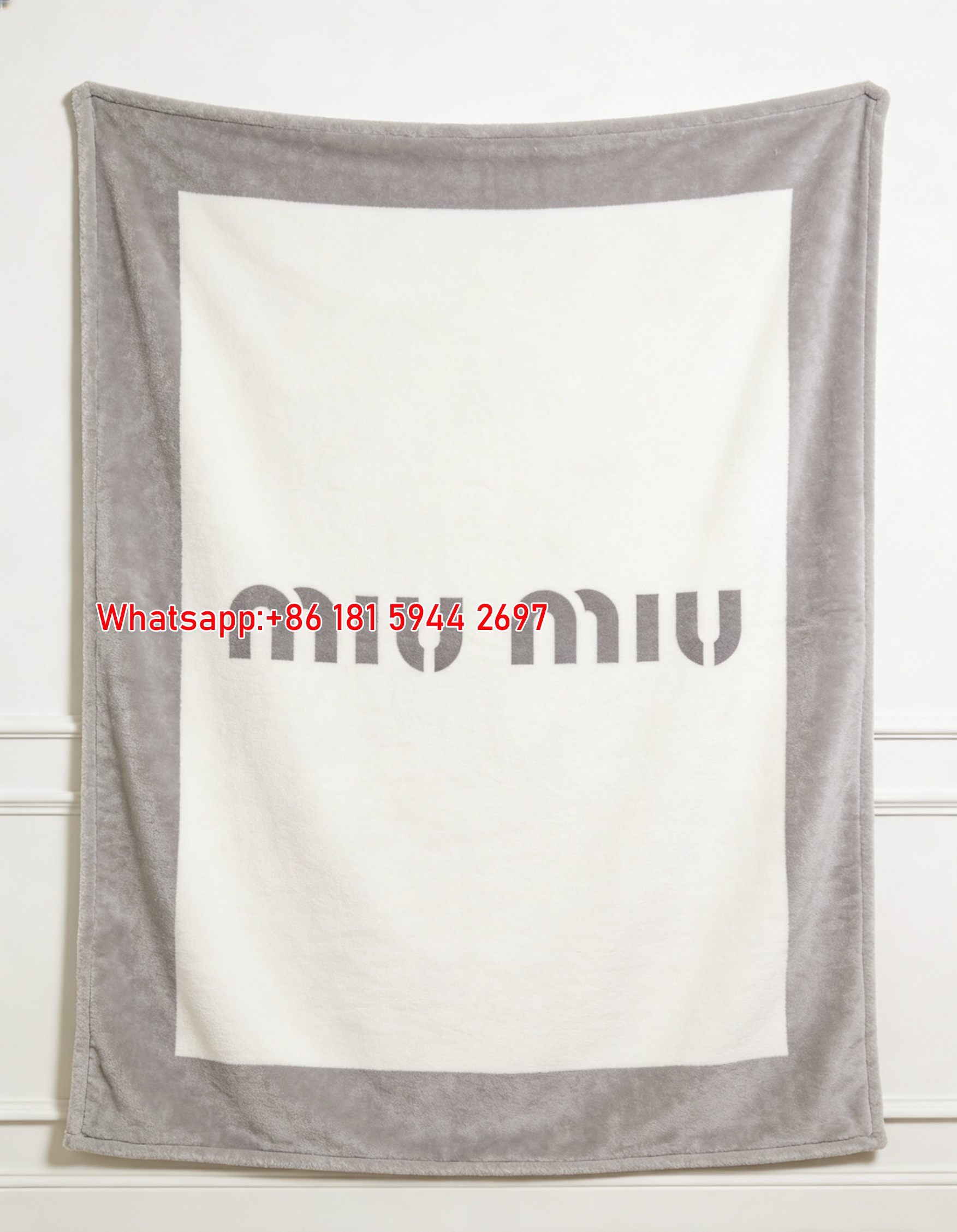Miu Miu Minimalist Logo Grey White Flannel Throw Blanket Miu Miu Brand Name Printed Sofa Blanket IMG_0375